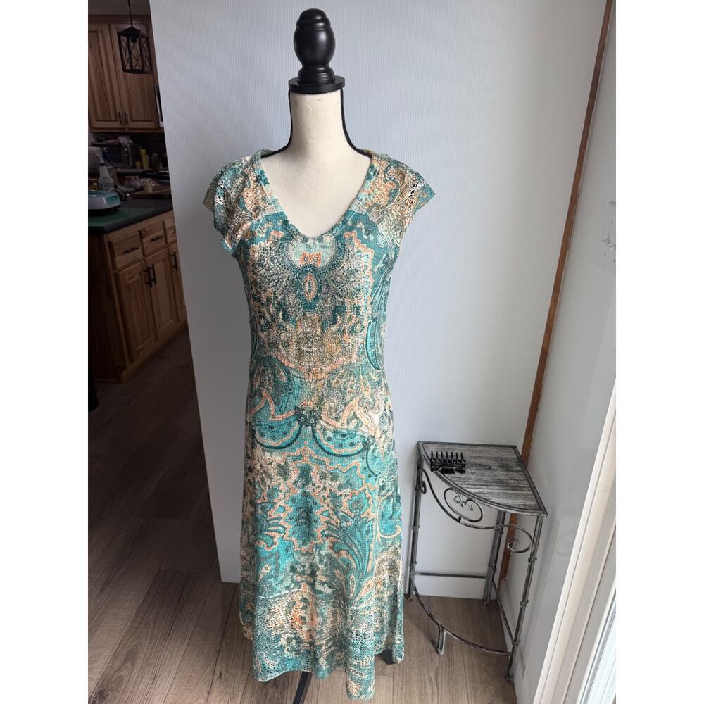 Reba Rhinestoned Paisley Green Midi Dress V-Neck cap sleeve SZ Medium